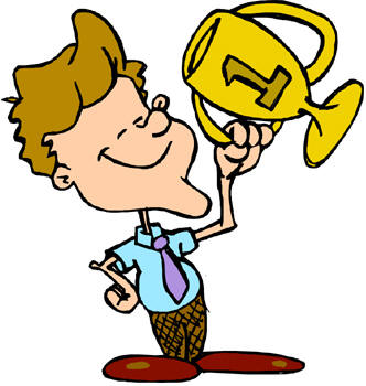 man holding winners cup award cartoon